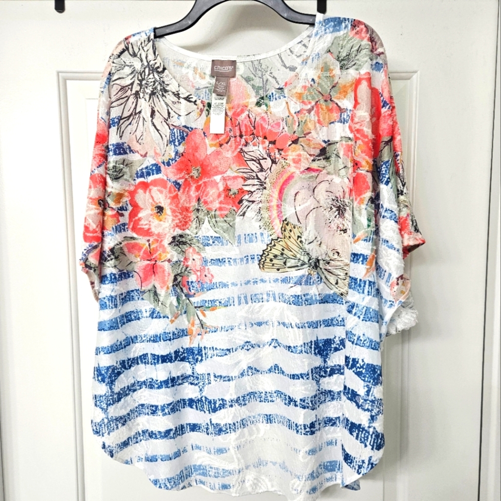 Chico's Floral Striped Top - Red, Blue, White L/xl